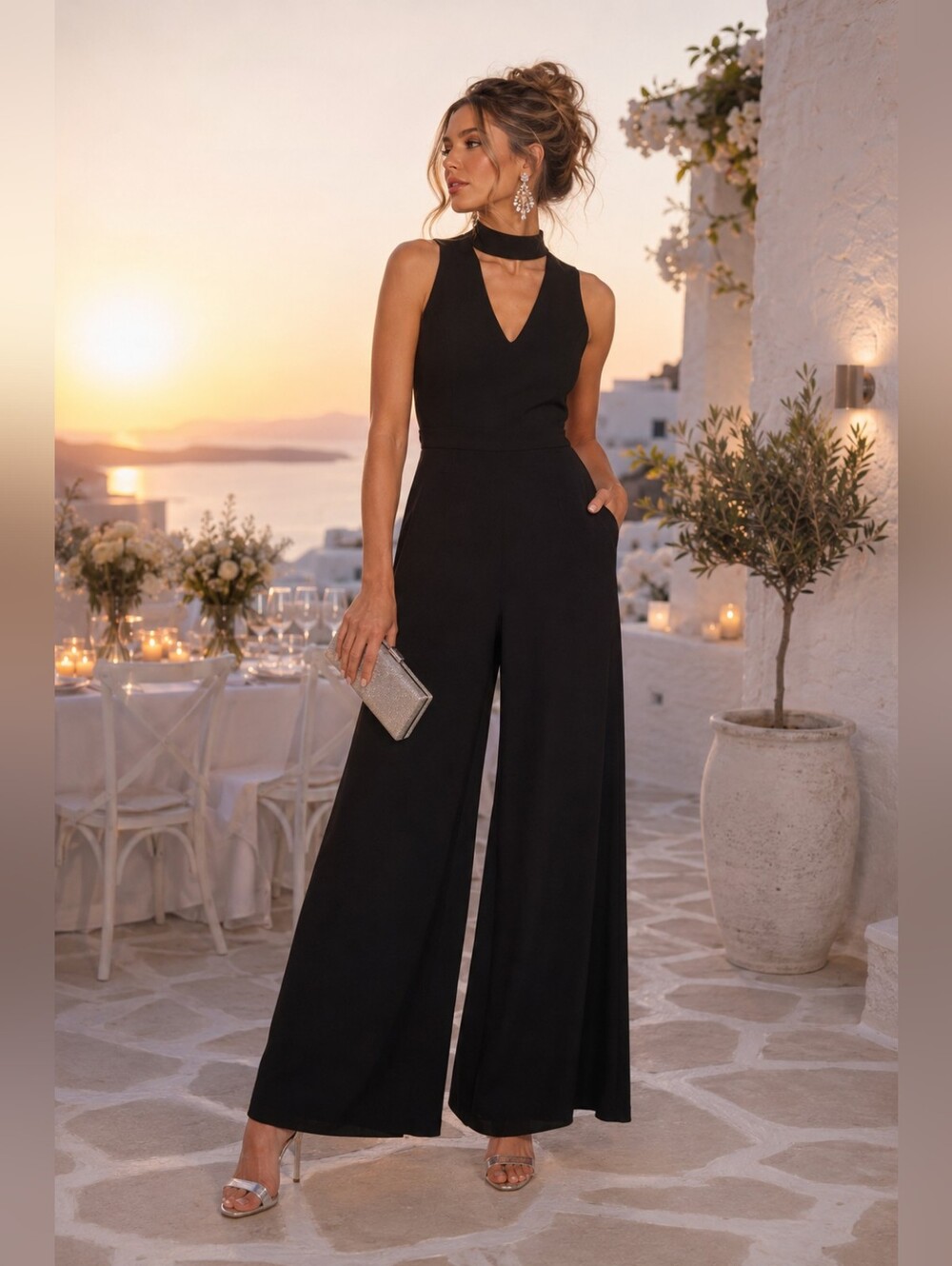 Badgley Mischka Wide Leg Evening Jumpsuit Mock Neck Keyhole Black Size 4 Glam